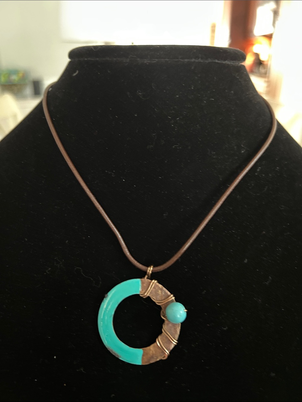 Turquoise Circle Pendant Necklace with Brown Cord